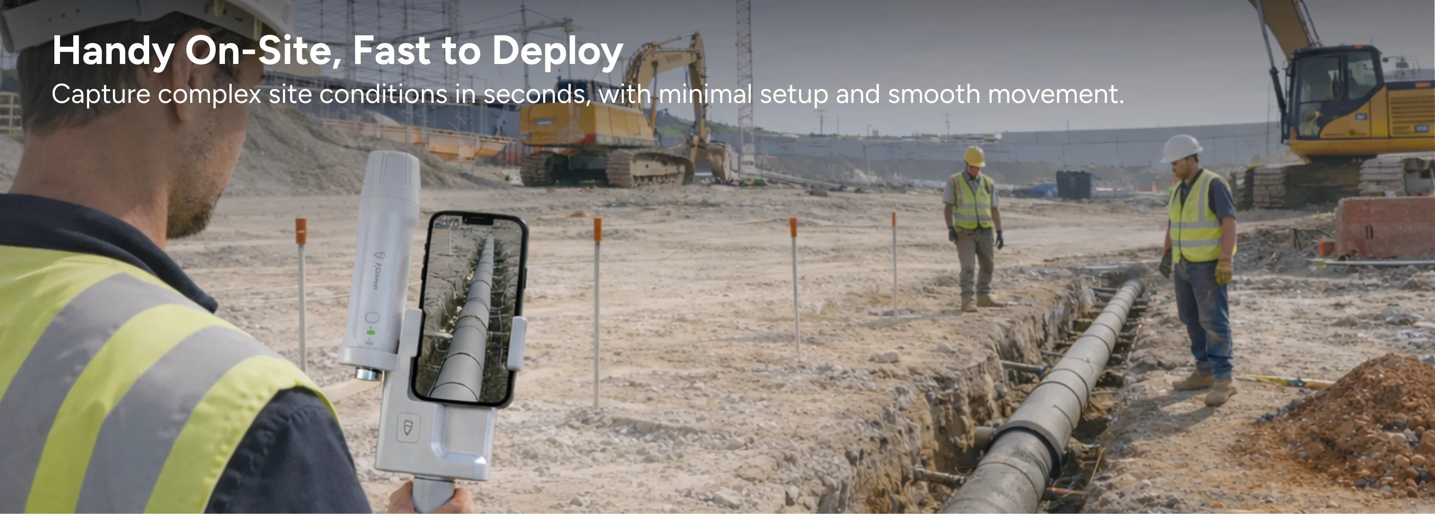 Official FJD Trion phone and GNSS capture illustration at an open utility trench
