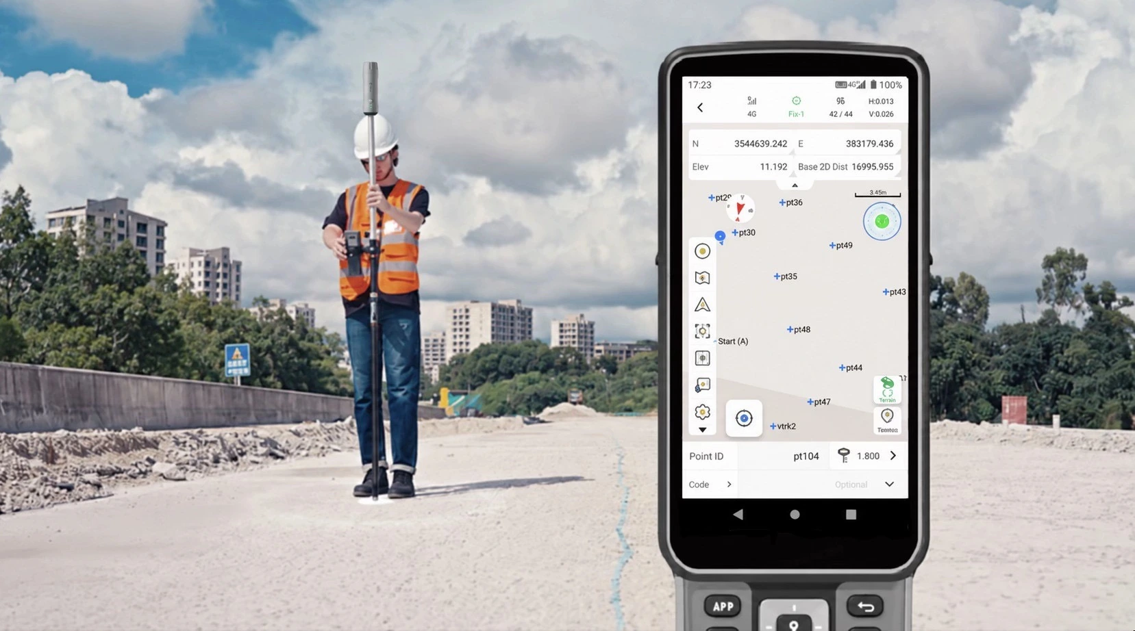 FJD Trion GNSS point collection at a road construction site