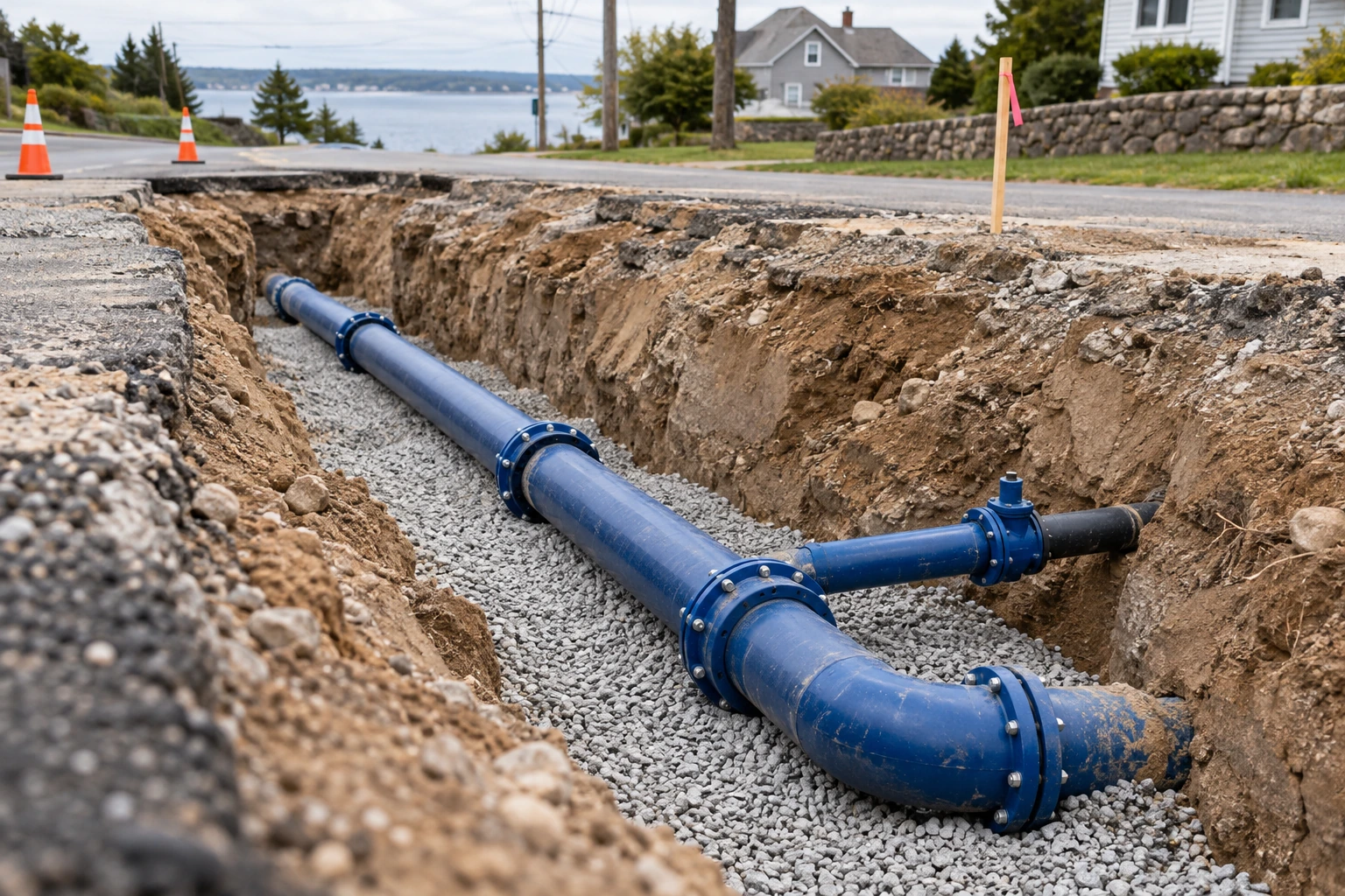 AI scenario illustration of exposed utility pipework before backfill