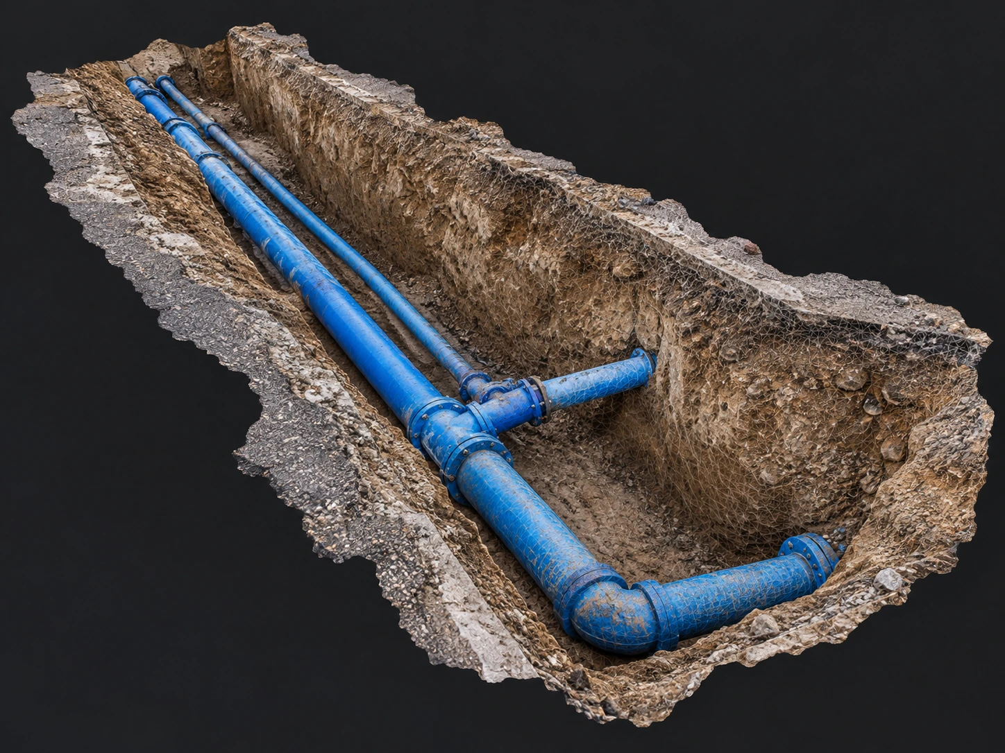 Mesh illustration of exposed utility pipes captured before backfill