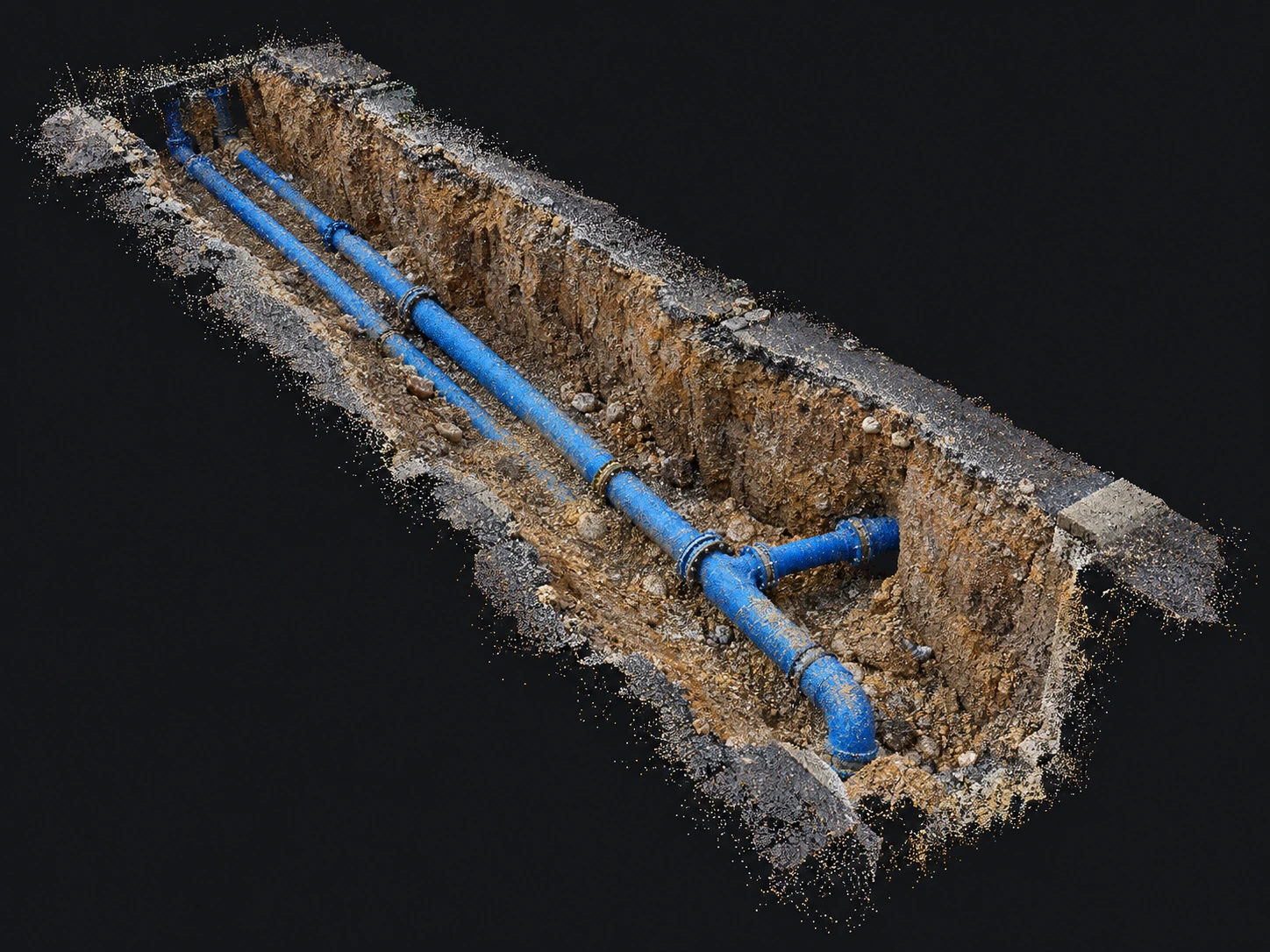 Point cloud illustration of exposed utility pipes captured before backfill